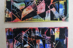 Zwei-kubistische-Kompositionen-schwarzer-Linolschnittabdruck-auf-Aquarell-je-125x15-1961