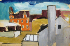 Stadtansicht-Tempera-auf-Karton-50x75-1958 - Rueckseite-Komposition-Boegen-1960