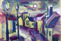 26-Dorfstrasse-bei-Mondschein-Aquarell-42x57-1958-nicht-signiert-Rueckseite-Abstraktion-in-Kreide