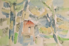 30-Haus-hinter-Baeumen-Pinselzeichnung-mit-Aquarell-36x48-1953