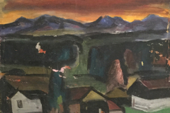 58-Voralpenlanschaft-Mischtechnik-60x60-1952-Rueckseite-Komposition-verstecktes-Dorf, beide leicht beschaedigt