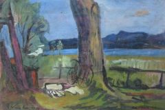 Am-Chiemsee-Ising-Badepause-mit-Fahrrad-Tempera-50x75-1957