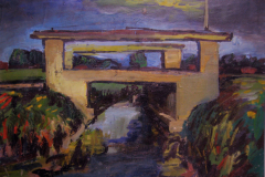 Bruecke-am-Auslauf-Obinger-See-Oel auf Papier-Virnis-45x62-1949, ausgestellt NMKG München 1949 (Katalog HdK)