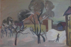 Dorfstrasse-in-Obing-Winterlandschaft-Tempera-verkauft-40x58-1952, verkauft in Oed