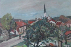 Obing-Blick-vom-Atelier-Tempera-1948-verkauft in Oed