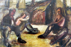 Drei-Maler-in-Kriegsgefangenschaft-von-links-Ohme-Skotlerak-Wanka-Pinselzeichnung-koloriert-auf-Karton-31x44-1945
