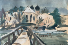 Kloster-Seeon-mit-Bruecke-im-Winter-Tempera-17x24-1947