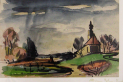 Kirche-Seeon-Braeuhausen-Pinselzeichnung-Aquarell-32x40-1946-signiert-1970-gewitmet"Meinem-Sohn-Knut"