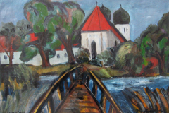 Kloster-Seeon-mit-Bruecke-Mischtechnik-auf-Karton-55x71-1947-signiert-Vorderseite-von-Sphinx-scaled