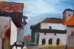 Spanien-Baskisches-Dorf-mit-Esel-Tempera-38x49-1959-Glas