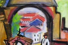 Spanisches-Dorf-mit-Esel-Tempera-75x49-1957