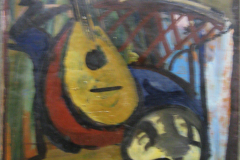 Mandoline-mit-Maske-Oel-auf-Leinwand-77x57-1952 -Vorderseite-von-Bauernhaeuser-in-Obing