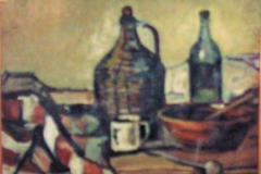 Stillleben-mit-Korbflasche-Oel-auf-Leinwand-60x70-1961-signiert-Rueckseite-von-Stillleben-mit-Fruechten